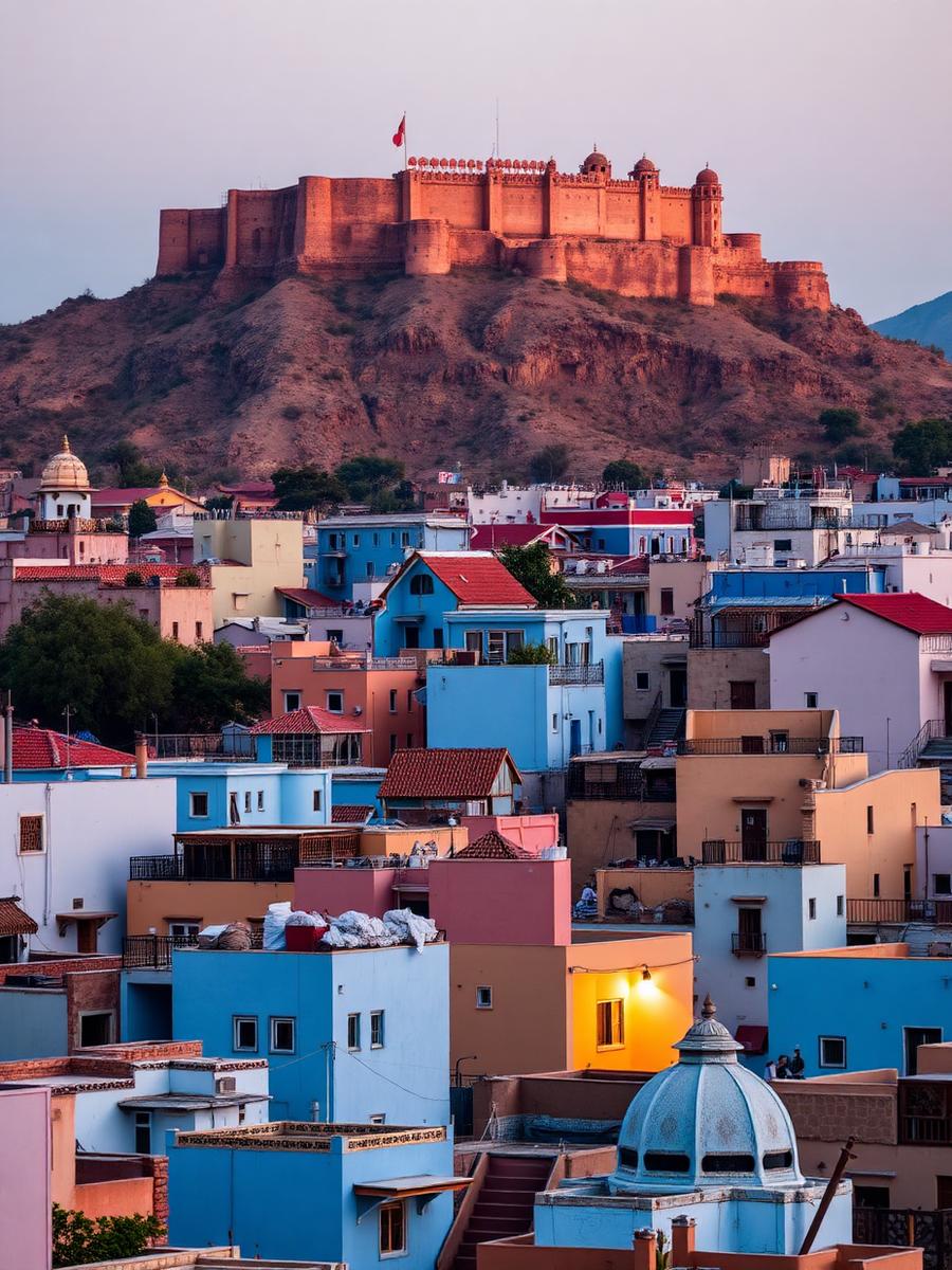 Jodhpur — Mehrangarh Fort towering above the indigo-blue old city.