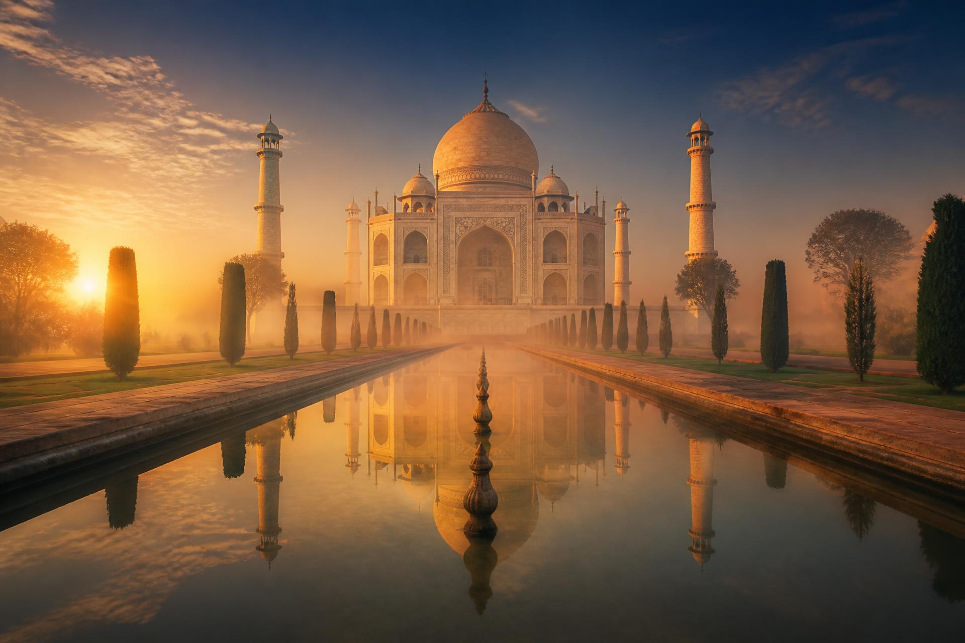 The Taj Mahal reflected in still water at sunrise