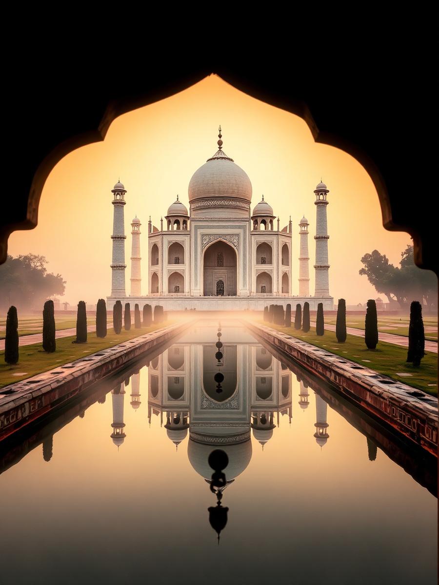 Agra — Sunrise at the Taj Mahal and the red sandstone Agra Fort.