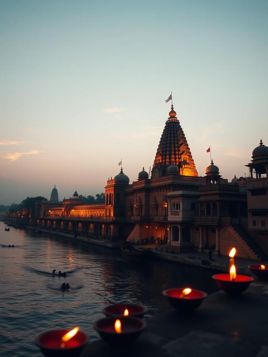 Ayodhya — Temple spires and lamplit ghats along the Sarayu river.