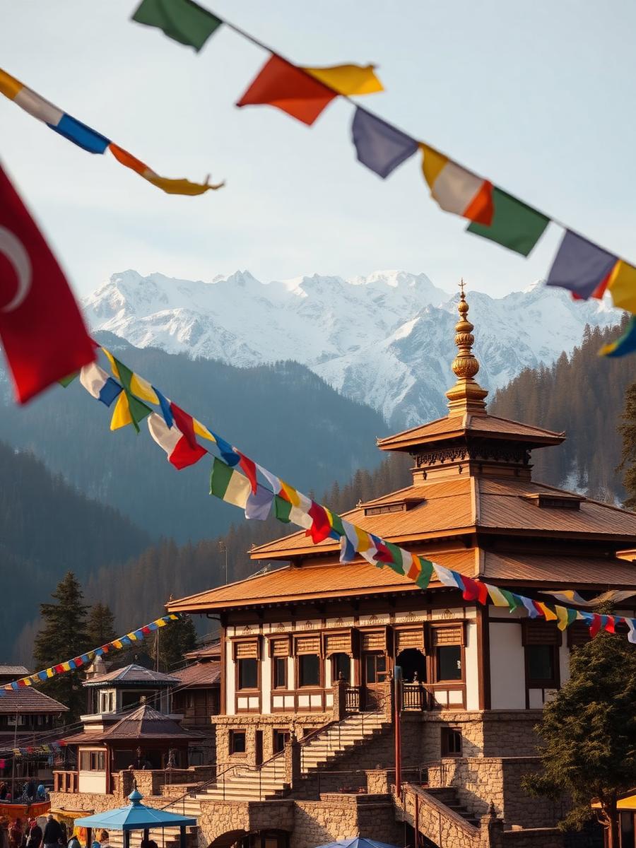 Dharamshala — Tibetan monasteries and prayer flags beneath the Dhauladhar range.