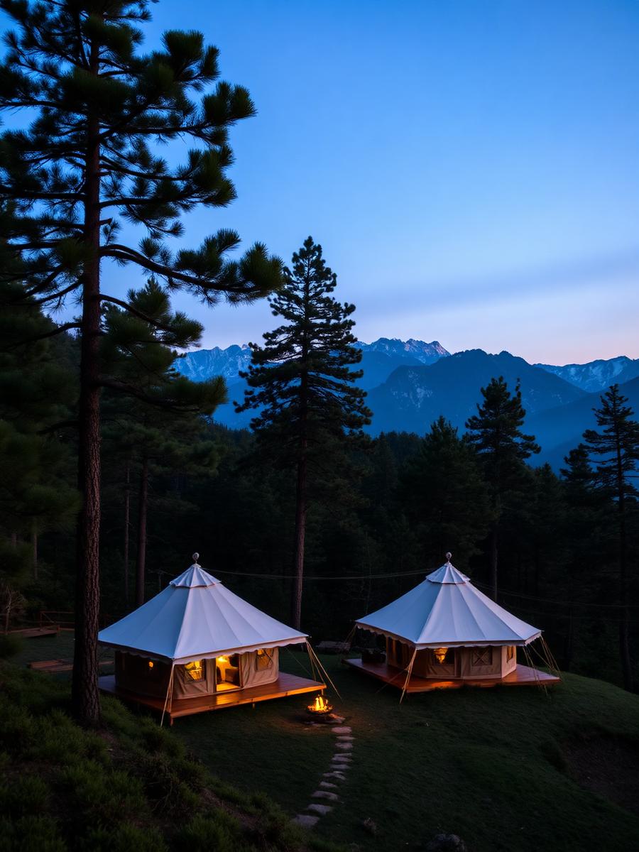 Kanatal, Uttarakhand — Luxury glamping on a pine ridge with bonfires under the stars.