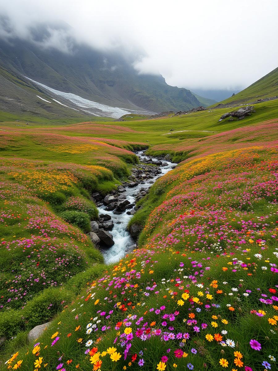 Valley of Flowers National Park, Uttarakhand — A UNESCO valley carpeted in rare monsoon wildflowers.